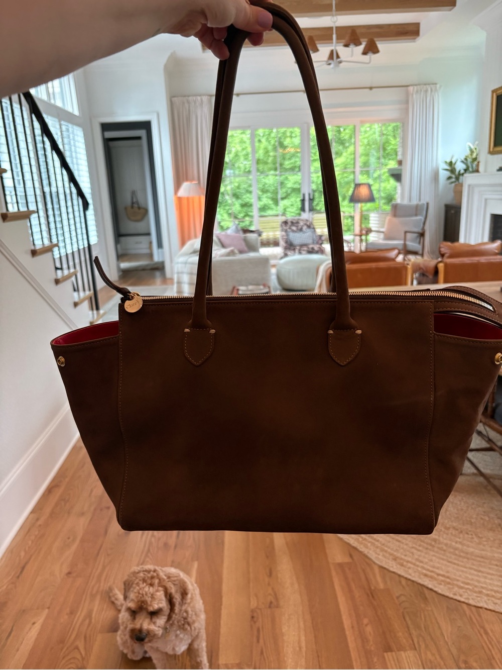 Clare V Brown Leather Tote with Red Interior
